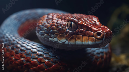 Red and blue snake portrait in dark, generative ai