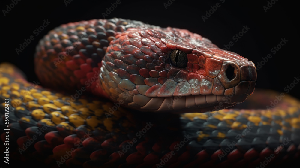 Red and blue snake portrait in dark, generative ai Red and blue snake portrait in dark, generative ai