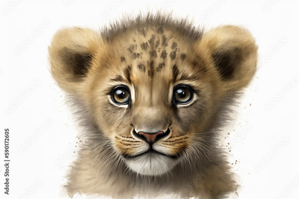 Close up of a lion cub isolated on white background Generative AI