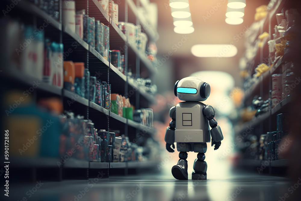 Futuristic robot walking through warehouse aisles - generative ai Futuristic robot walking through warehouse aisles - generative ai