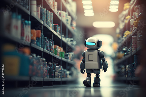 Futuristic robot walking through warehouse aisles - generative ai