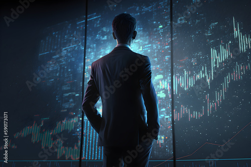 Back view of businessman in suit looking at stock graphs - generative ai