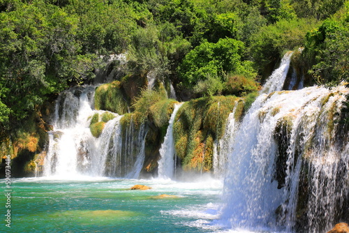 Beautiful waterfall on Plitvice Lakes, Croatia . The best big beautiful Croatian waterfalls, mountains and nature.