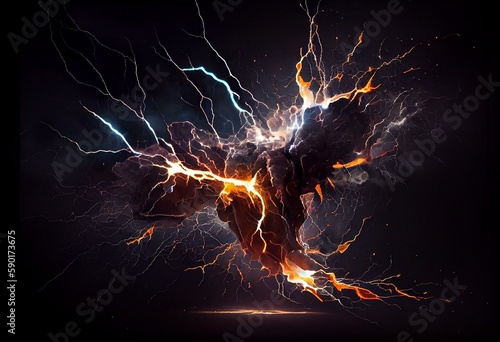 Realistic illustration of a powerful electric discharge striking side to side on a black background. Flaming lightning strike with energy flash. Generative AI
