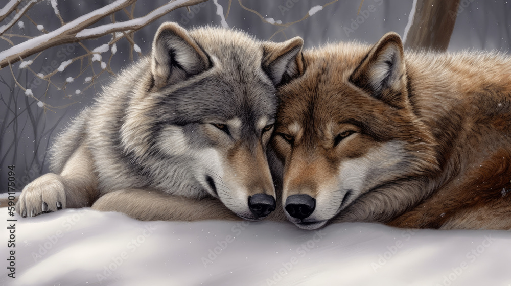 region wolf canis lupus arctos, a pair of wolves snuggling in the snow, generative ai