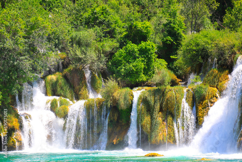 Beautiful waterfall on Plitvice Lakes  Croatia . The best big beautiful Croatian waterfalls  mountains and nature.