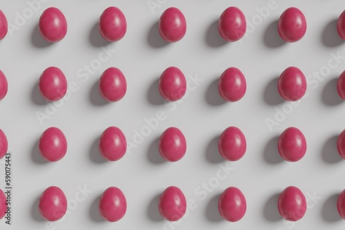 Magenta eggs on a white background. Easter holiday concept illustration. Trendy magenta color flat lay background. 3d render illustration