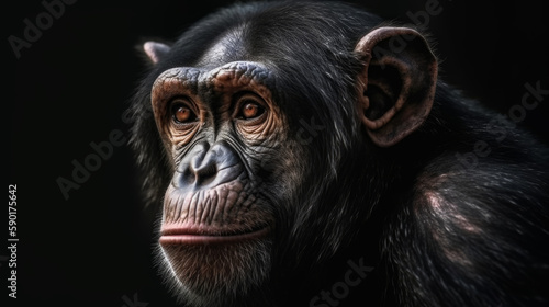 A portrait of a chimpanzee on a dark background, generative ai © TheGoldTiger