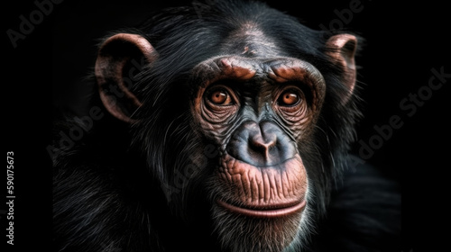 A portrait of a chimpanzee on a dark background, generative ai © TheGoldTiger