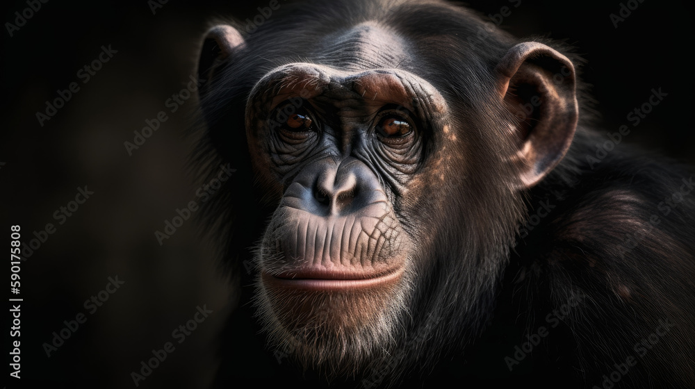 A portrait of a chimpanzee on a dark background, generative ai A portrait of a chimpanzee on a dark background, generative ai