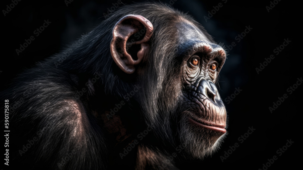 A portrait of a chimpanzee on a dark background, generative ai A portrait of a chimpanzee on a dark background, generative ai
