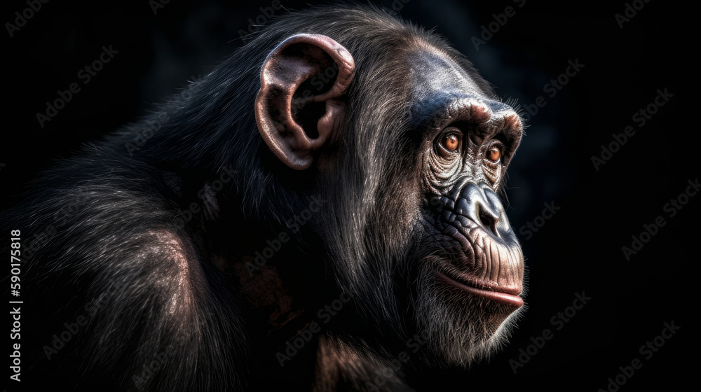 A portrait of a chimpanzee on a dark background, generative ai