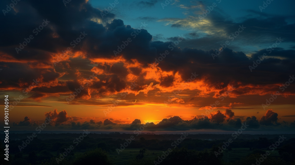 fire in the clouds, orange clouds in a vibrant blue sky, generative ai