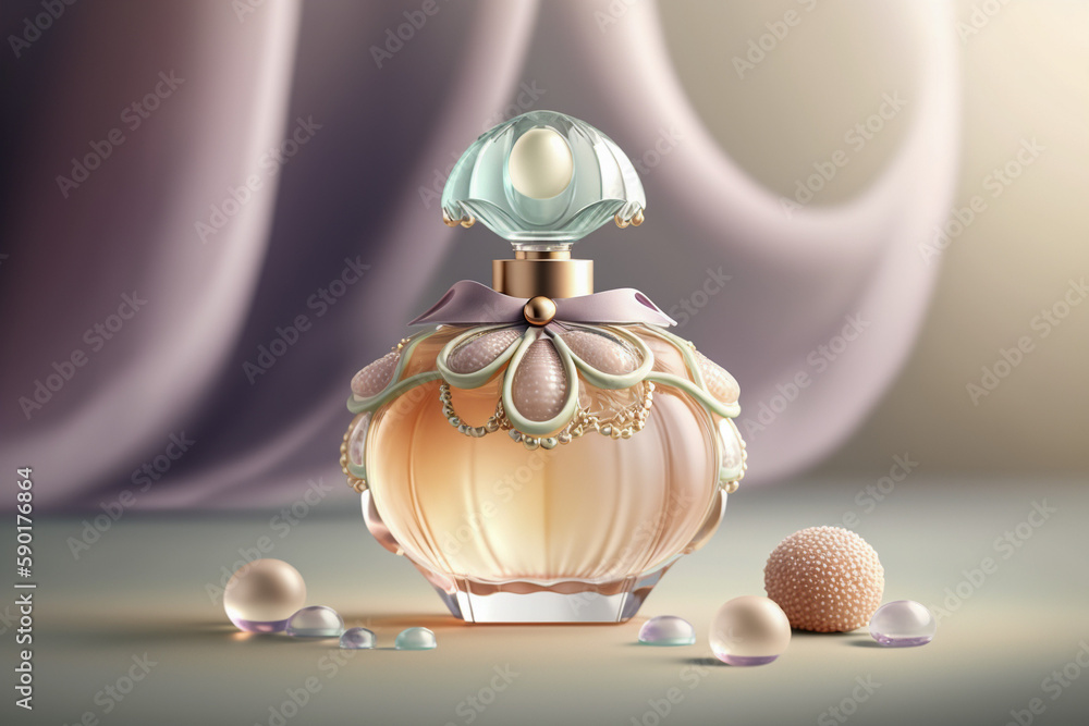 Glass bottle of women's perfume on the table. Super photo realistic background. Generative ai illustration