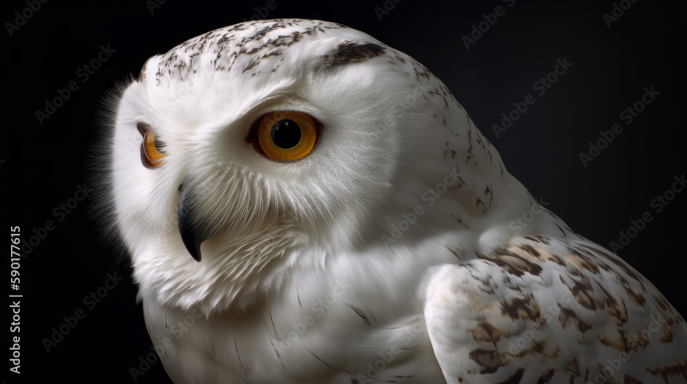 Obraz premium snowy owl portrait, very beautiful white owl with ember eyes, generative ai
