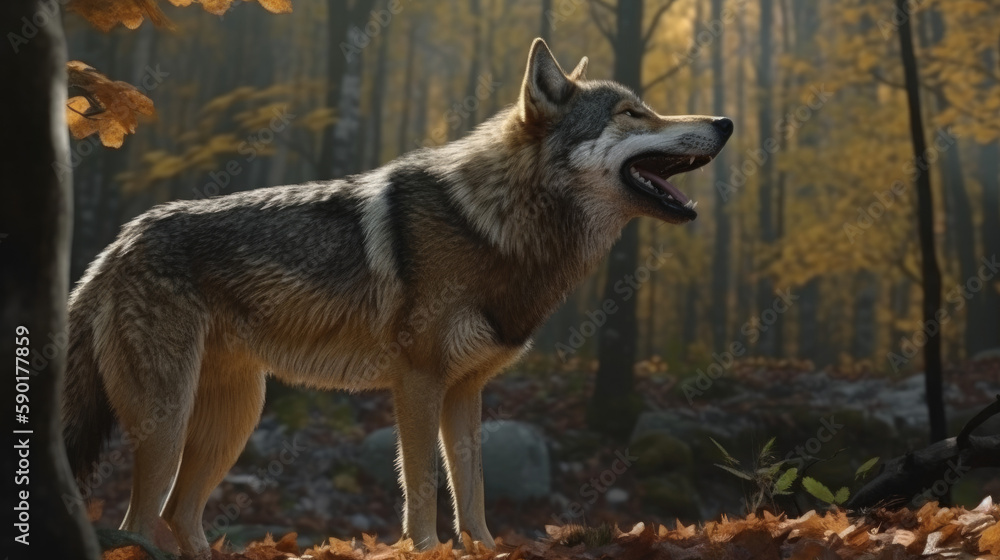 portrait of a wolf, wolf howls  at edge of a forest with fog behind him, generative ai