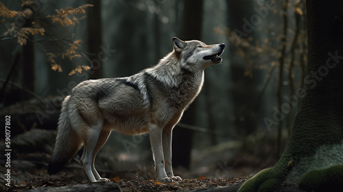 portrait of a wolf, wolf howls at edge of a forest with fog behind him, generative ai
