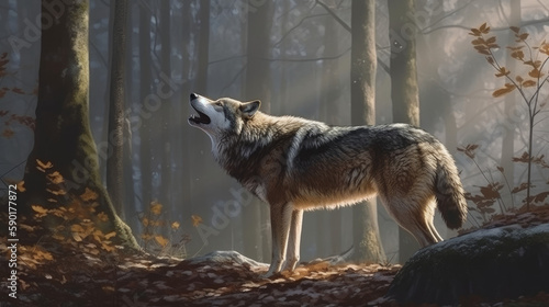 portrait of a wolf, wolf howls at edge of a forest with fog behind him, generative ai