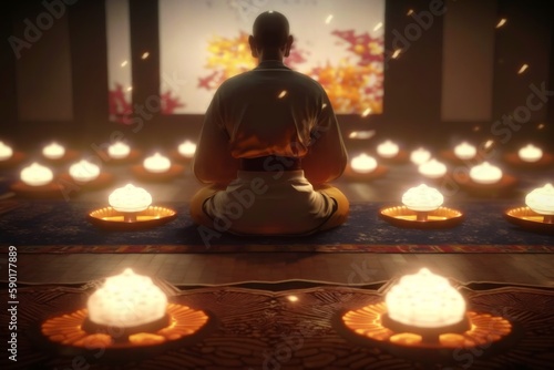 Monk in Yoga Lotus Pose Surrounded by Flames for Meditative Space  Anime Style  Generative AI