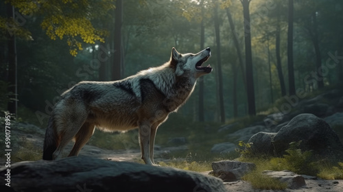 portrait of a wolf  wolf howls  at edge of a forest with fog behind him  generative ai