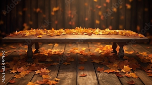 autumn leaves on a wooden table  wooden table topped with leaves under a tree in autumn  generative ai