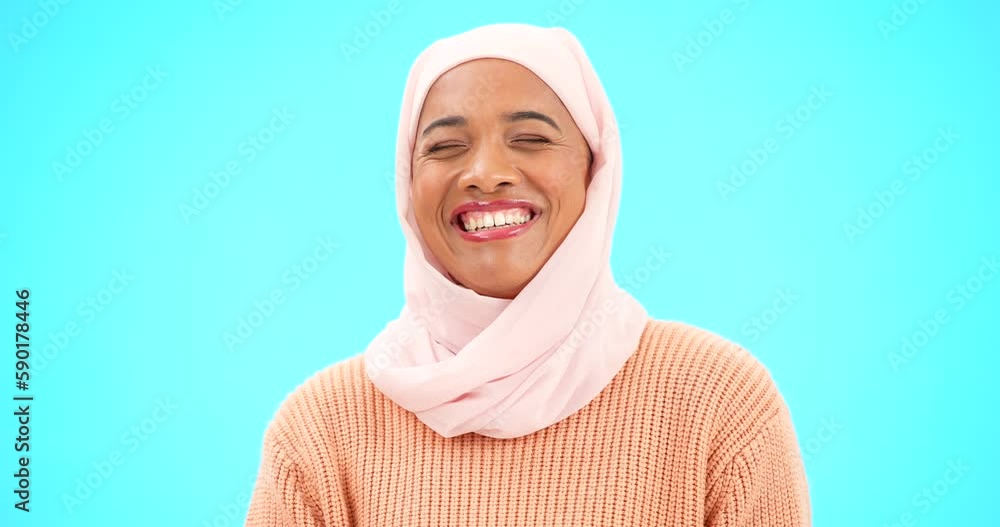 Muslim, wink and face of a woman with a smile, happiness and kindness ...