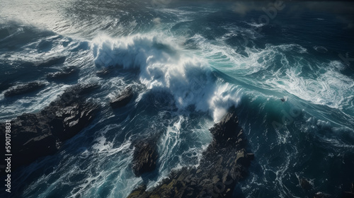 Aerial view of big waves on ocean, generative ai