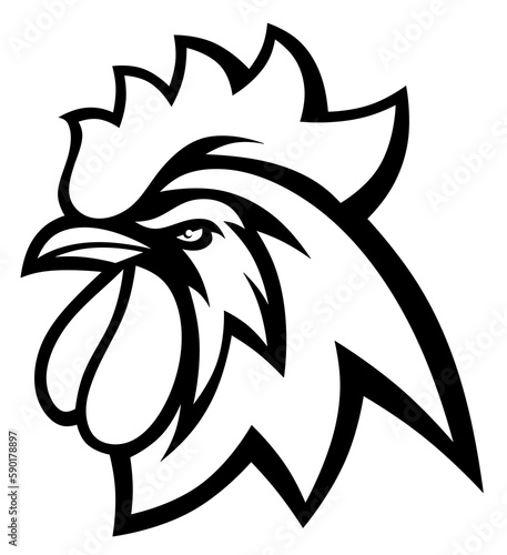 Rooster head. Isolated black and white farm bird logo. Angry fighting cock. Chicken.