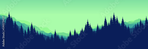 mountain sky landscape mountain forest sunrise view with tree silhouette vector illustration good for wallpaper, background, backdrop, banner, and design template