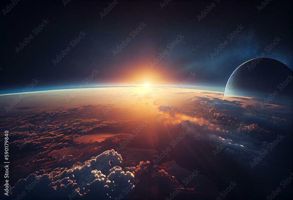 Stunning low orbit Earth view at sunrise above clouds (3D render). Generative AI