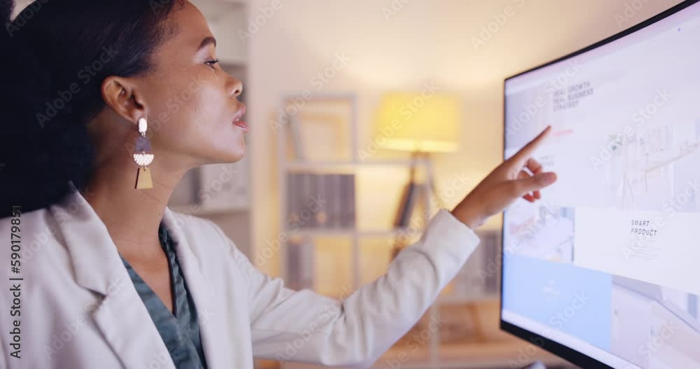 Planning, computer and tablet with black woman in office for website, branding and digital marketing. Review, night and corporate with African employee in startup research, business and commitment Planning, computer and tablet with black woman in office for website, branding and digital marketing. Review, night and corporate with African employee in startup research, business and commitment