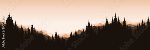 mountain sky landscape mountain forest sunrise view with tree silhouette vector illustration good for wallpaper, background, backdrop, banner, and design template