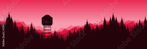 mountain sky landscape mountain forest sunrise view with tree silhouette vector illustration good for wallpaper, background, backdrop, banner, and design template