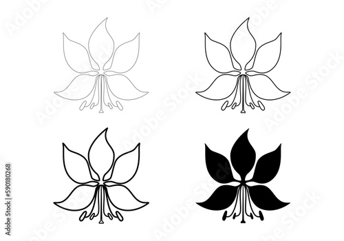 Bauhinia flower isolated on white background. Thin line, thick line and flat icon style. National Hong Kong flower stylized icon for logo, emblem, business card or other use. Vector illustration. Set.