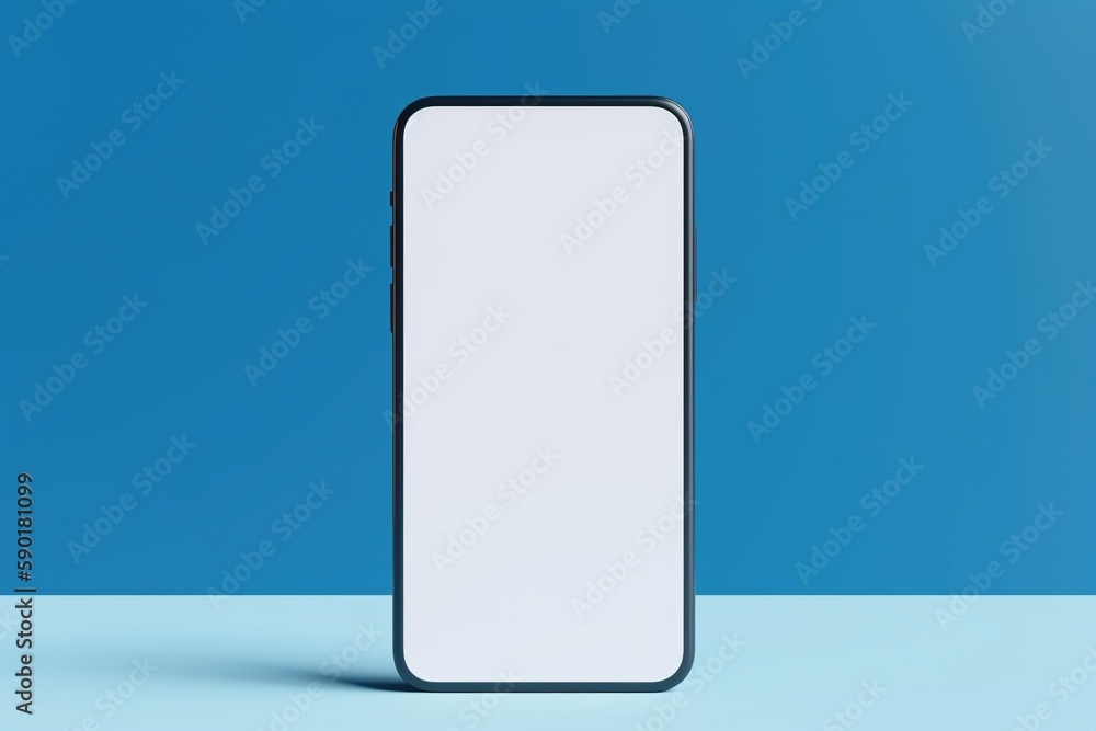 blue smartphone with blank screen, close-up of a modern smartphone with a white colored screen on a light blue colored background blue smartphone with blank screen, close-up of a modern smartphone with a white colored screen on a light blue colored background