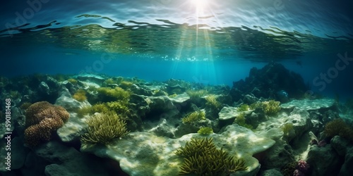 Under the water. Underwater panorama with coral reefs and fishes. Background. Underwater scene - tropical seabed with reef and sun. Generative AI