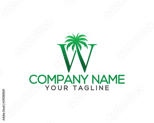 Letter w with coconut and palm tree logo design. Summer and beach tree unique vector illustration.