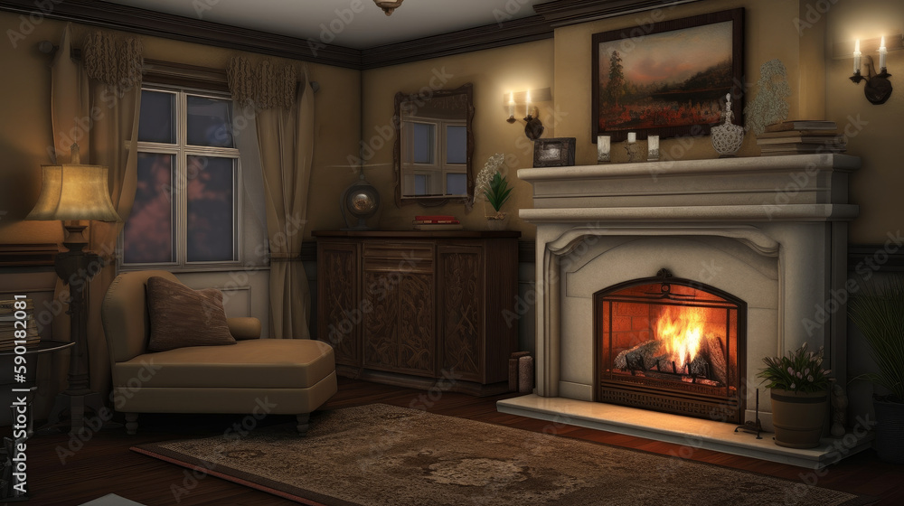 Luxury living room with fireplace, generative ai Luxury living room with fireplace, generative ai