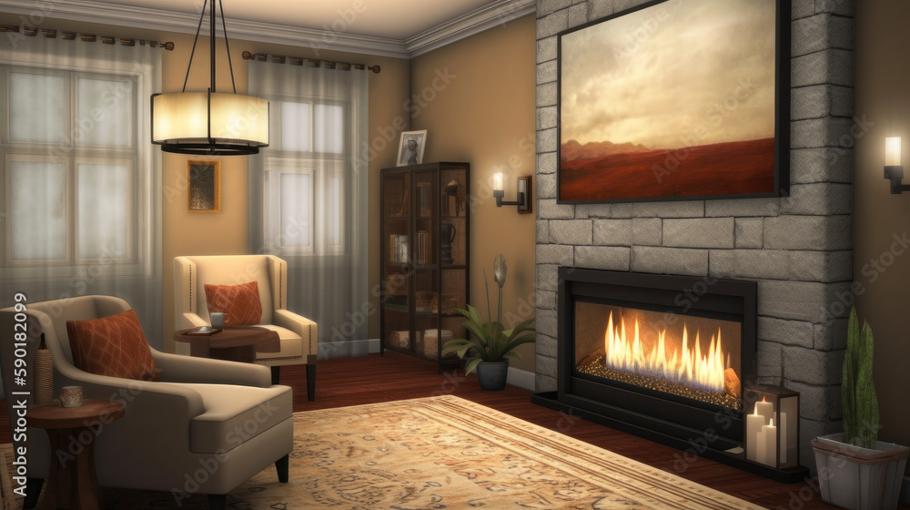 Luxury living room with fireplace, generative ai Luxury living room with fireplace, generative ai