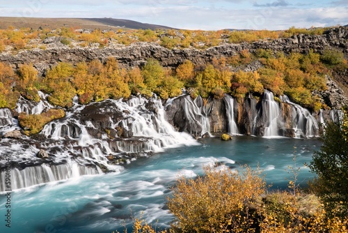 Hrainfoss waterfall autumn colors  Iceland