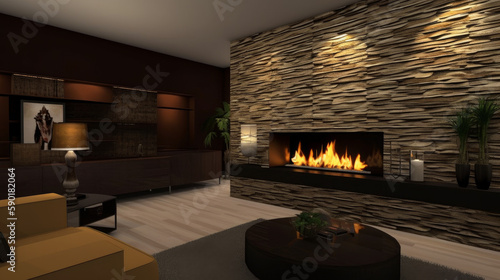 Luxury living room with fireplace  generative ai