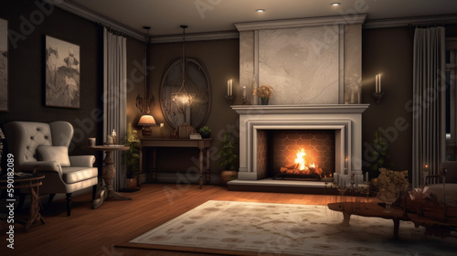 Luxury living room with fireplace  generative ai