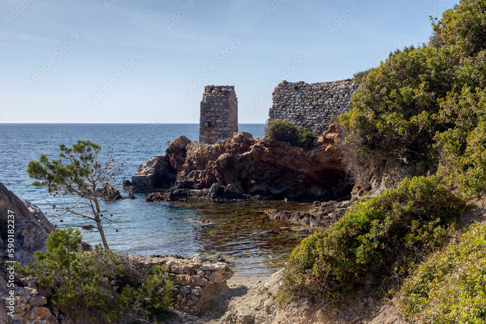 View of ancient ruins (Skyros, Northern Sporades, Greece) and deserted beach