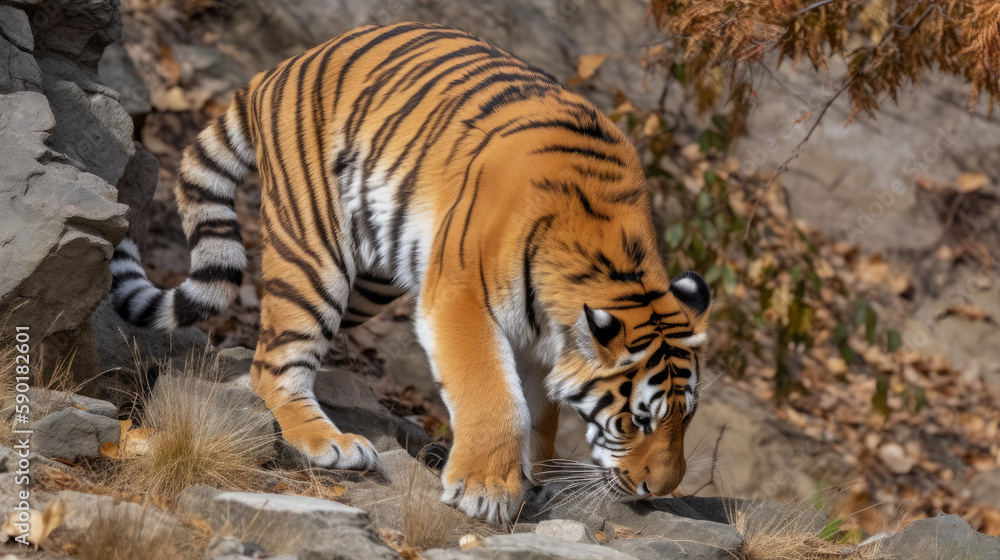 Obraz premium Crouching tiger on the hount for his prey, generative ai