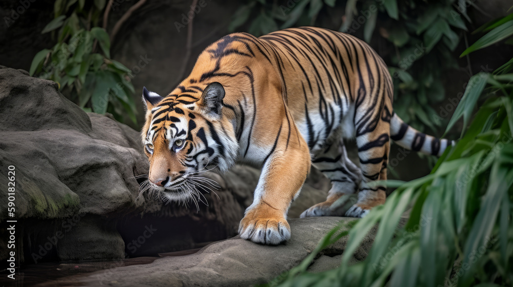 Fototapeta premium Crouching tiger on the hount for his prey, generative ai