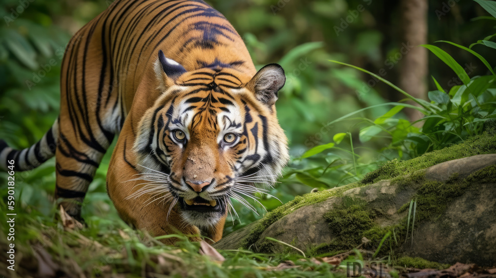 Crouching tiger on the hount for his prey, generative ai Crouching tiger on the hount for his prey, generative ai
