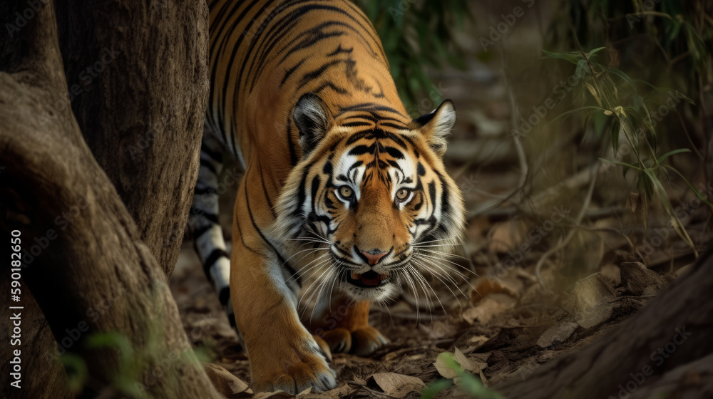 Fototapeta premium Crouching tiger on the hount for his prey, generative ai