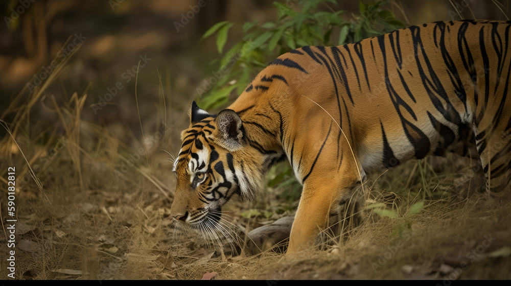 Obraz premium Crouching tiger on the hount for his prey, generative ai