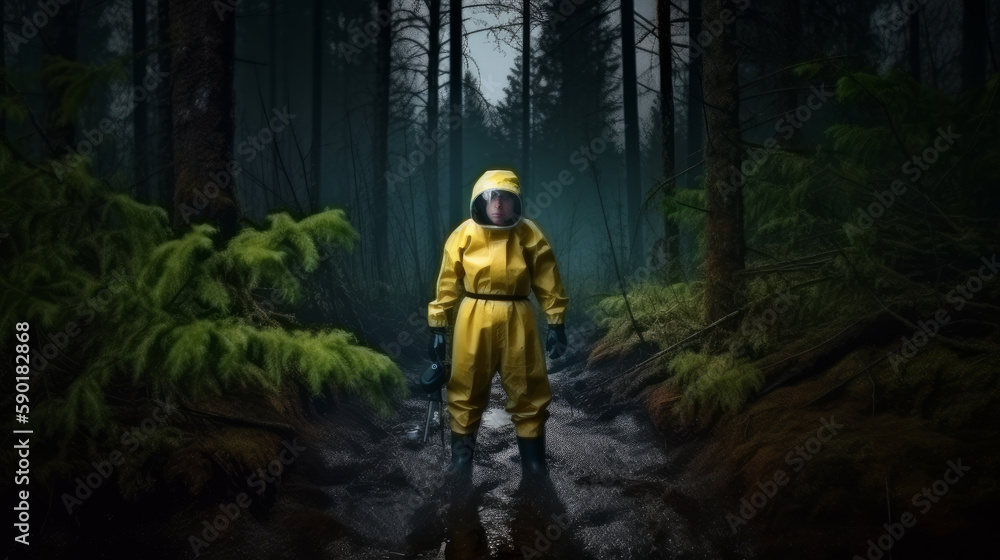 Deep in the forest, an explorer in a storm suit, generative ai