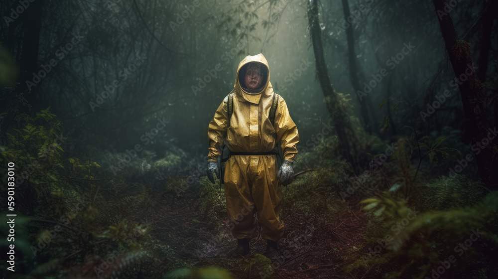 Deep in the forest, an explorer in a storm suit, generative ai
